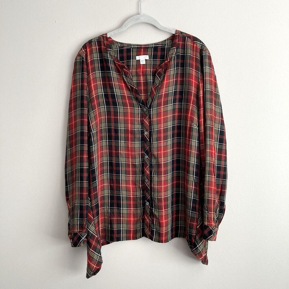 J Jill Womens Long Sleeve Button Down Plaid Tunic Shirt Red Green Size Petite XL